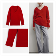 西班牙单 2024新年红色优雅气质V领羊毛长袖毛衣针织衫