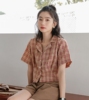 2024夏季韩版复古格子衬衣西装领短袖衬衫上衣短款小个子小衫