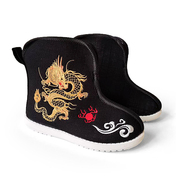 老北京布鞋儿童黑色短靴男童汉服鞋子中国风表演演出帆布古装靴子