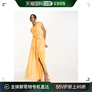 香港直邮潮奢 ASOS 女士设计褶裥毛边荧光色橙色长款连衣裙