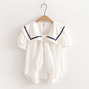 海军领上衣女短袖2023夏季日系宽松甜美学院风娃娃领白色衬衫