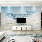 电视背景墙壁纸现代简约壁布壁画客厅大气，鲸鱼墙布北欧风格2023新