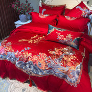 豪华100支婚庆床上用品四件套 中式结婚十件套大红刺绣花被套床单