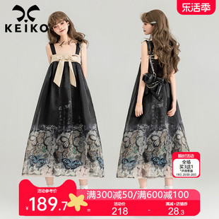 keiko蝶影新中式吊带连衣裙2024夏季暗黑，系显瘦欧根纱a字长裙