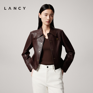 LANCY/朗姿24冬季新款高级小羊皮短款皮衣夹克时尚复古真皮外套女