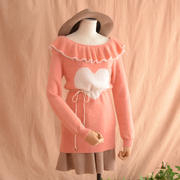 秋季日系甜美森女复古粉色荷叶领安哥拉兔毛，套头长袖毛衣