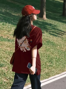重磅纯棉酒红色短袖t恤女夏季2024设计感小众多巴胺穿搭上衣