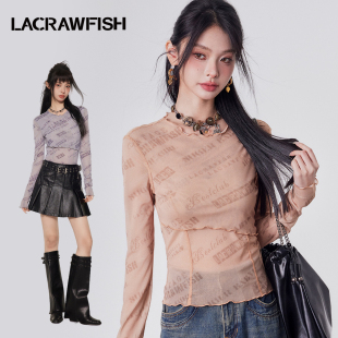 lacrawfish复古街头y2k辣妹，满印双层网纱弹力修身长袖t恤上衣女