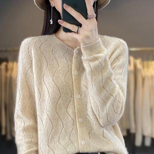 圆领镂空纯羊毛针织开衫女秋季韩版时尚羊绒显瘦外套宽松洋气上衣