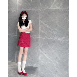韩版高腰波点A字半身裙女夏季小个子百搭甜美红色短裙t恤上衣套装