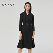 lancy朗姿秋季黑色长袖，羊毛裙子中长款职业，气质西装连衣裙女
