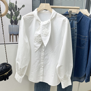 欧货设计感小香风立体花朵衬衫法式系带杂志款纯棉灯笼袖洋气小衫