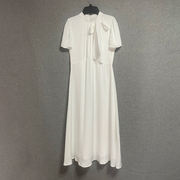 欧美时尚2023春秋蝴蝶结，高腰垂感长裙气质，礼服裙白色连衣裙