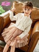 女童长袖衬衫韩版秋季中大童，白色上衣纯棉淑女风儿童立领衬衣