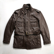 深棕色牛皮皮衣，男式多口袋猎装皮夹克修身立领，复古工装真皮外套