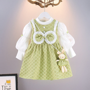 女童春秋装宝宝长袖洋气，连衣裙时尚套装，婴儿绿色公主裙韩系童装潮