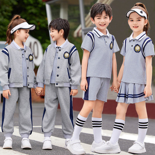 学院风灰色棒球服校服套装，中小学生春夏装，男女童班服幼儿园服