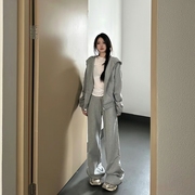 休闲运动套装女2024春季韩版慵懒风灰色，连帽卫衣外套阔腿裤两件套