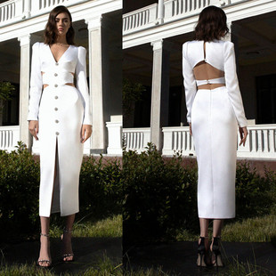 2022年春季白色性感镂空长袖，中长款缝扣修身绷带裙名人聚会礼服