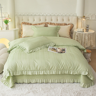 轻奢a类纯棉四件套夹棉床盖，防滑全棉床罩纯色，床裙立体提花床上品