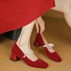 红色婚鞋新娘鞋春季方头，浅口珍珠玛丽珍宴会，配裙粗跟中跟单鞋