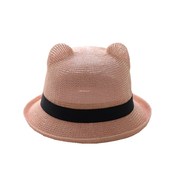 粉色草帽女小清新夏季可爱猫，耳朵圆顶小礼帽防晒帽小檐遮阳帽日系