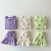 夏季女宝宝樱桃短袖T恤半身裙子两件套中小童婴儿可爱洋气短裙潮