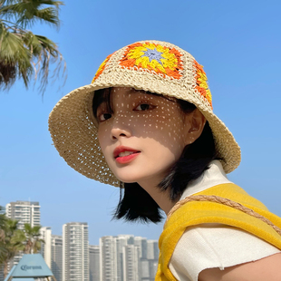 2024草帽女夏季防晒遮阳帽子海边沙滩，可折叠渔夫帽旅游太阳帽