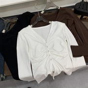 t恤长袖春季纯色，单排扣v领褶皱，显瘦韩版百搭上衣女a#30