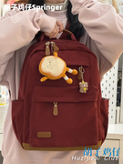 红色双肩包包女日系复古旅行背包时尚通勤电脑包，少女学生上课书包