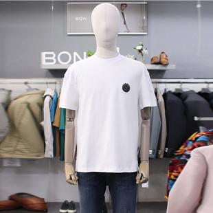 BA0415夏季款BON韩版男士帅气白色纯棉上衣压花印花休闲短袖T恤衫