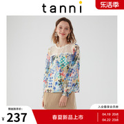 tanni女士春夏蕾丝拼接泡泡，袖圆领印花雪纺，打底衫tj11bl004a