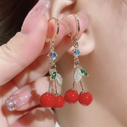 日韩时尚甜美红色樱桃耳扣长款耳环小众设计百搭网红气质轻奢耳饰