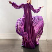 高级感法式紫色连衣裙女气质长袖裙子重工礼服显瘦长款大摆长裙春