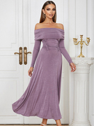 气质名媛长袖一字领露锁骨，修身针织长裙，设计感紫色纯欲温柔风裙子