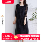 100桑蚕丝连衣裙2024夏季假两件黑色圆领杭州真丝直筒裙子女