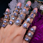 尼泊尔复古手工银饰斯里兰卡玻璃体冰种强蓝月光石纯银戒指女