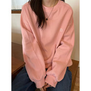 韩系少女橘粉色卫衣女ins洋气显白淡粉色上衣字母刺绣蜜桃粉外套