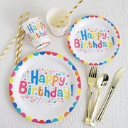 一次性生日快乐彩色纸盘纸杯甜品台装饰儿童派对餐具蛋糕碟野餐盘