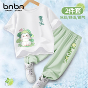 女童夏装套装儿童冰丝透气短袖t恤女大童绿色兔子薄款时尚运动服
