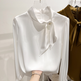 2023韩国气质显瘦立领钉珠系带纯色长袖雪纺衫女秋季缎面衬衫
