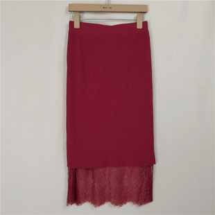 Yigue/亦谷秋季针织蕾丝拼接两面穿高腰纯色中长款包臀裙