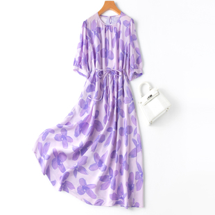 一抹优雅紫~真丝圆领七分袖宽松飘逸大摆长款花卉口袋连衣裙