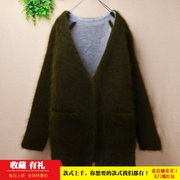 冬季加厚ins长毛貂绒中长款军，绿色v领兜兜袋韩版宽松加厚外套毛衣