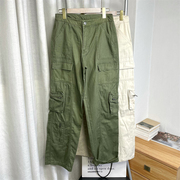美式~多口袋实用舒适复古军绿米白纯棉，户外直筒休闲工装裤女