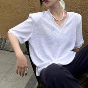 正肩v领t恤女2025新款宽松纯棉垫肩短袖t恤女洋气蕾丝花边上衣夏