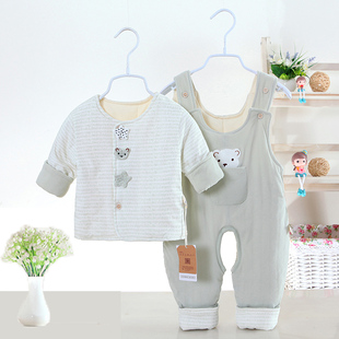 婴儿薄棉背带裤两件套新生儿，衣服秋冬3夹棉纯棉，6个月宝宝棉衣套装