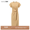 wanatry连衣裙女夏季法式收腰修身长裙卡其色解构设计感绑带裙子