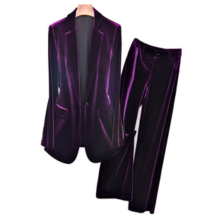 2024春装紫色高端丝绒修身时尚西装外套大码职业年会西服气质套装