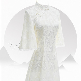 改良版复古风日常蕾丝旗袍中长款纯白色镂空七分袖年轻少女夏